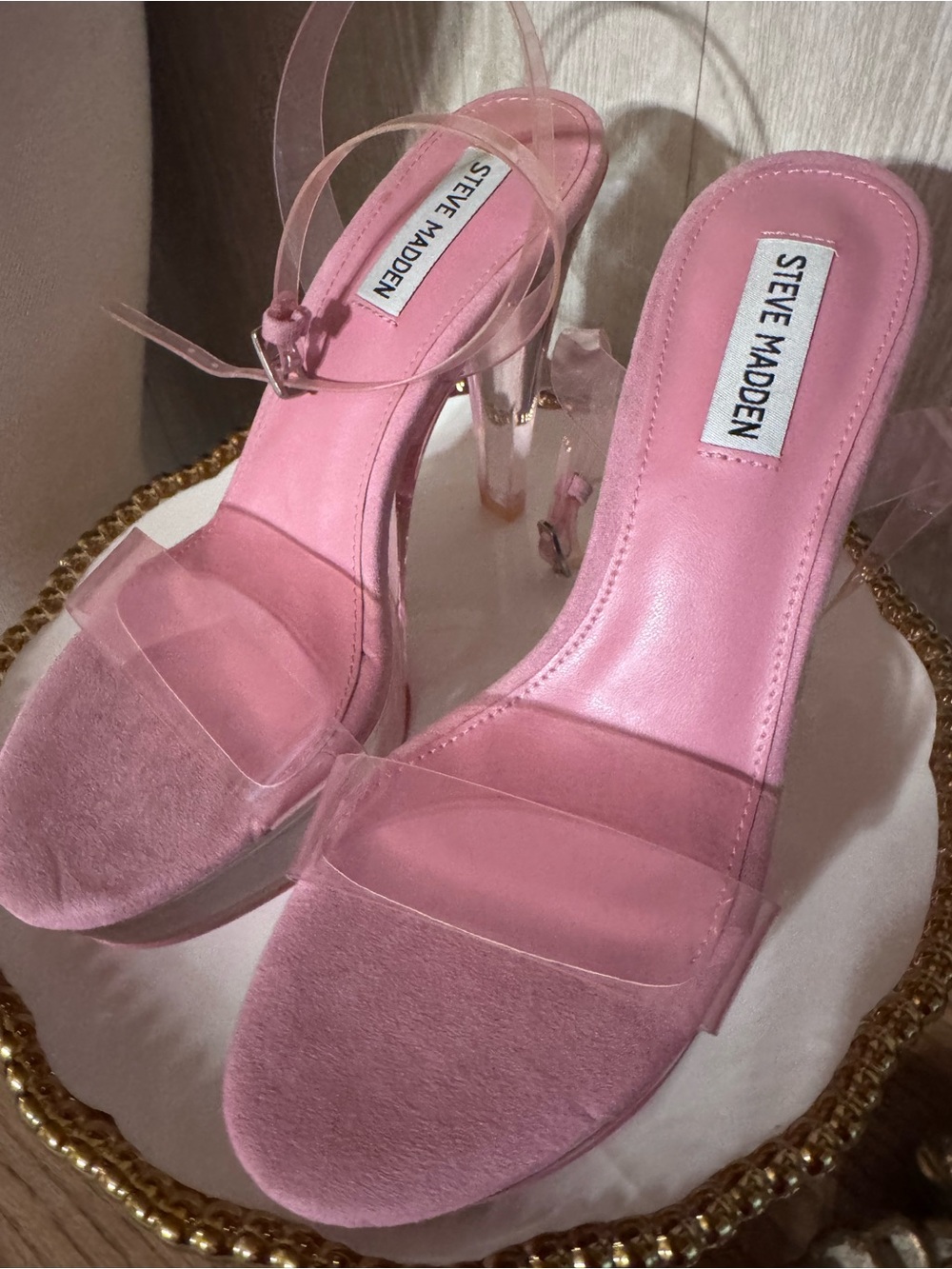Never worn Steve Madden Pink Clear-Strap Stiletto Sandals